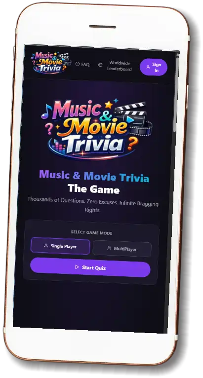 The Music & Movie Trivia game shown on a phone: "The Game — Thousands of Questions. Zero Excuses. Infinite Bragging Rights," with Single Player and MultiPlayer modes.